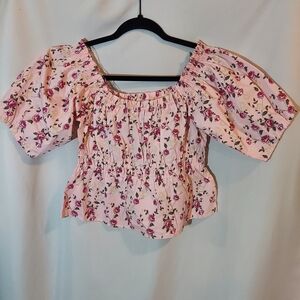 Celebrity Pink Romanic Cotton Floral Puff Sleeve Top With Smocked Details